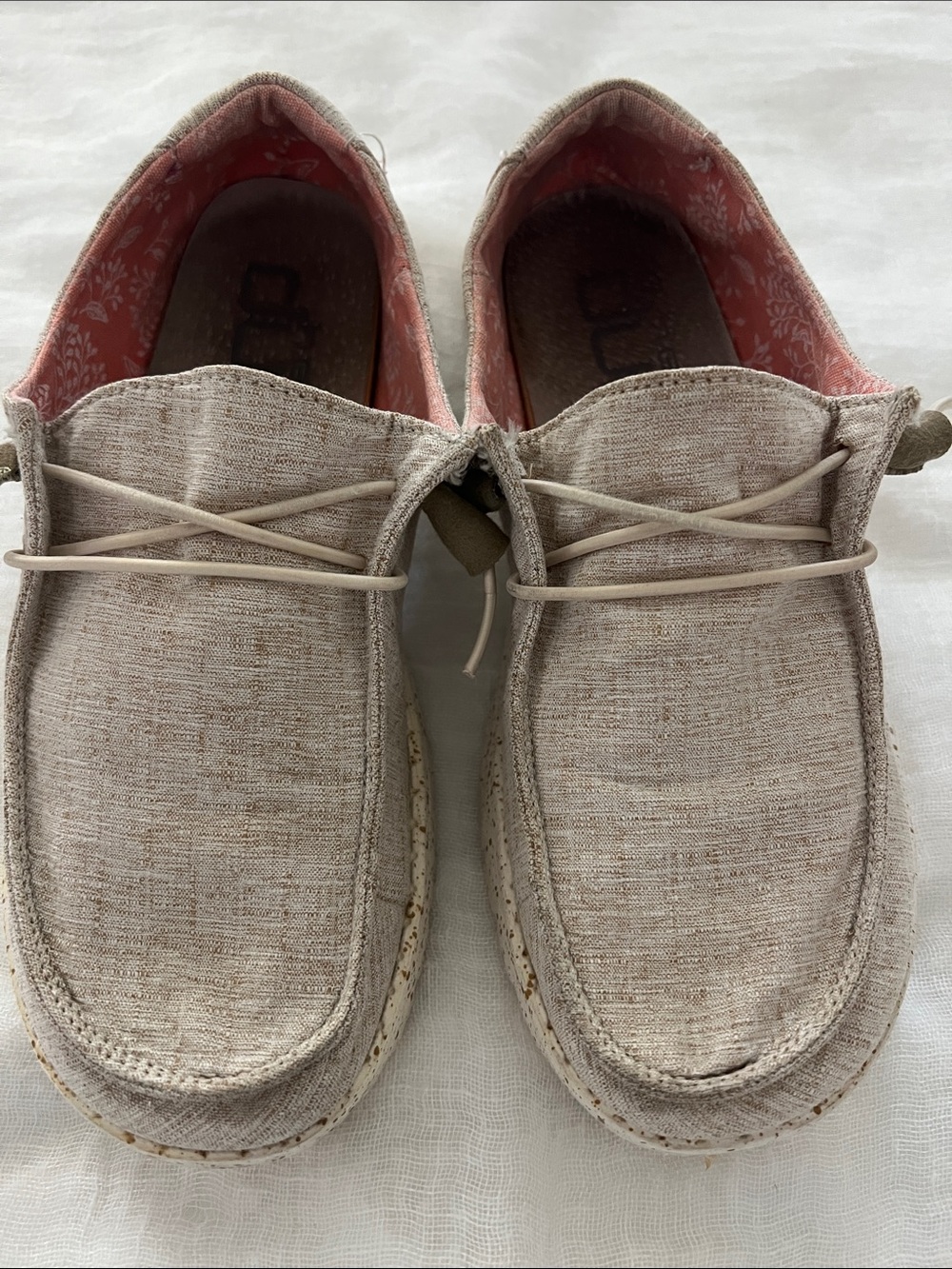 Hey Dude Women's Beige Canvas Slip-On Loafers with Coral Lining size 7